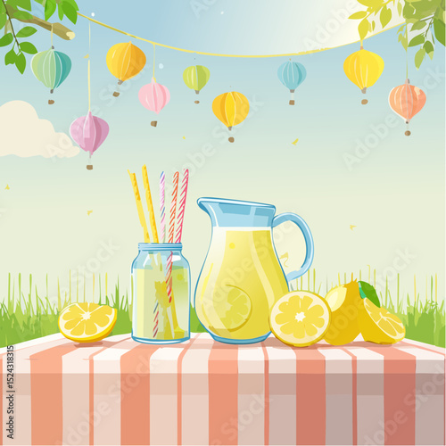 Refreshing lemonade pitcher with sliced lemons and colorful straws on a picnic table, surrounded by vibrant balloons and a sunny outdoor atmosphere, perfect for summer gatherings