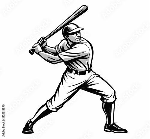 Vintage Baseball Player Batting, Black and White Illustration
