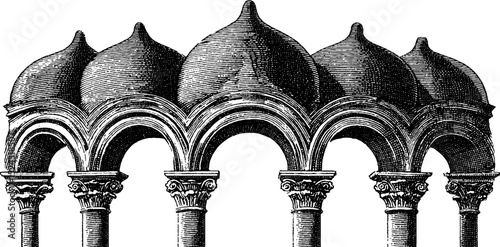 Renaissance architecture engraving: detailed arch and column design for historical artwork