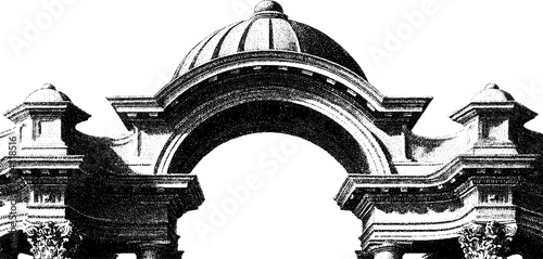 Detailed engraving of renaissance architecture with decorative arch elements
