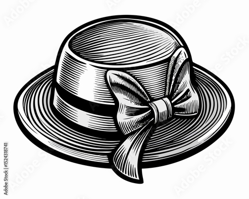 Vintage Women's Hat with Bow, Black and White Illustration