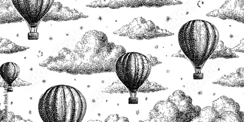 Vintage hot air balloon and cloud seamless pattern for design projects
