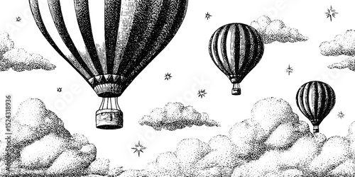 Vintage air travel theme with hot air balloon pattern in engraved style for decor