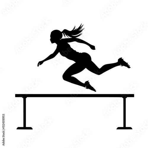 a black silhouette of a young woman jumping over a bar athlete, bar, black, girl, jump, rail, silhouette, woman, young , Generative art.