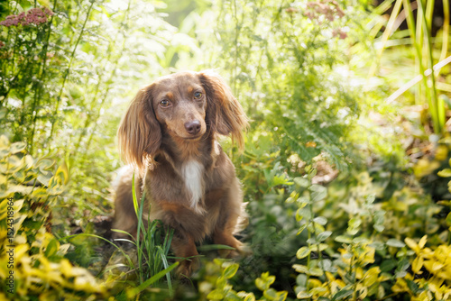 Long coat chocolate miniature dachshund backlit in green foliage 