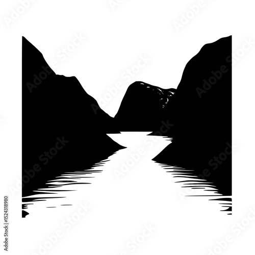 a black and white illustration of the reflection of mountains in a body of water black, body, illustration, lake, mountain, reflection, river, silhouette, water , Generative art.