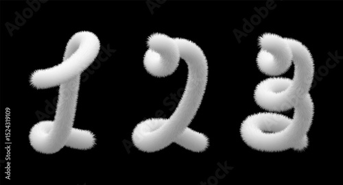 Fuzzy digit 1 2 3, white animal hair alphabet, fur number 3d set. Fluffy christmas font. Furry feather felt black bg, soft textured isolated symbols of round woolen pompon. Winter textile decoration