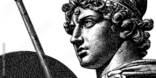 Classical engraving of ares statue holding spear - ancient greek mythology art for historical design