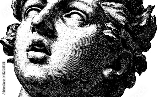Classical engraved illustration of anemoi statue with wind-blown effect design