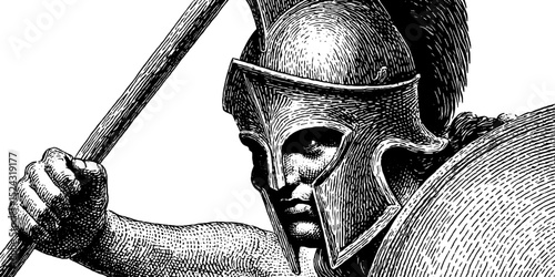 Engraved illustration of ares statue holding spear for historical art design