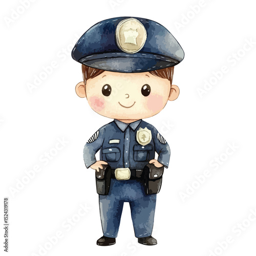 Watercolor Illustration of a Friendly Cartoon Police Officer