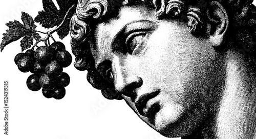 Engraved illustration of dionysus statue with grapes for art and design