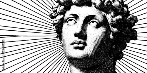 Engraved portrait of statue of helios with radiant rays in classic style