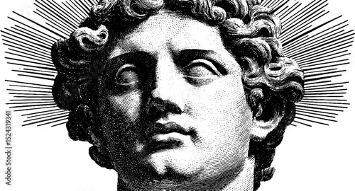 Engraved illustration of helios statue with radiant rays for artistic design and inspiration