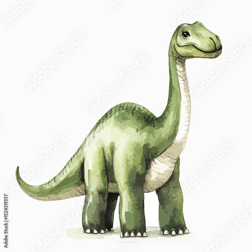 Watercolor Illustration of a Friendly Green Brachiosaurus with Detailed Textures and Expression