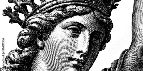 Classical engraving of the goddess hera statue with crown for historical and educational design