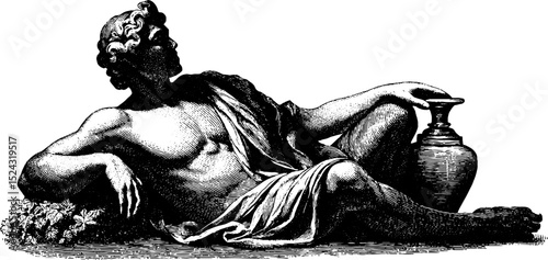 Engraved artwork of a reclining river statue for classical art and design projects