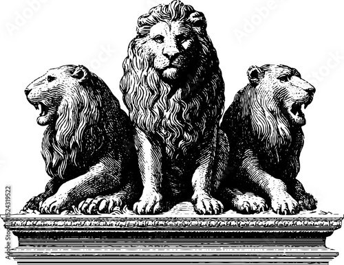 Engraved illustration of rhea's statue surrounded by lions for historical art and design