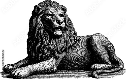 Engraved illustration of seated lion statue in classic style