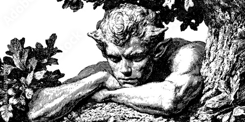 Mythical satyr statue engraving with nature elements