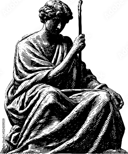 Intricate engraved illustration of a classical seated god statue for artistic and historical design