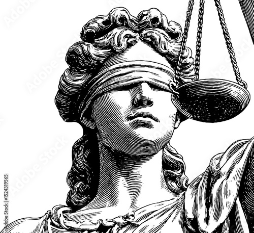 Engraved illustration of blindfolded themis statue symbolizing justice and fairness