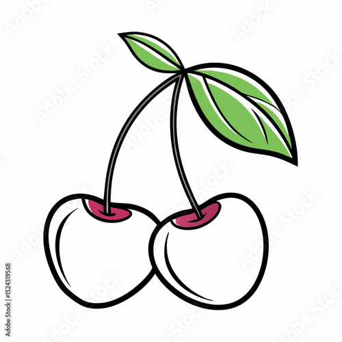 Cartoon illustration of two cherries with green leaf