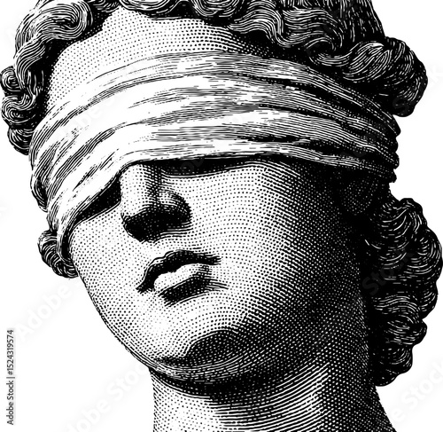 Engraved illustration of blindfolded themis statue - justice and law concept design