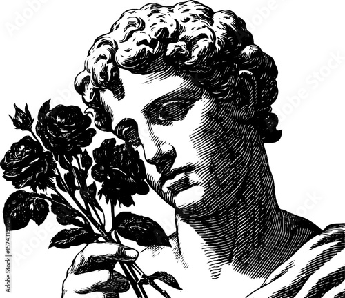 Engraved illustration of zephyrus statue holding roses for classical art and design