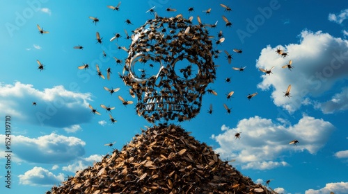 Flies with Garbage A massive skull made of debris is surrounded by flying insects under a bright blue sky.