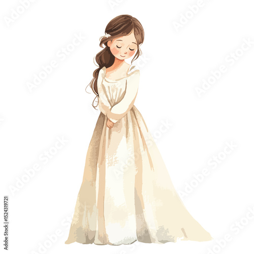 Watercolor Illustration of a Gentle Bride in a Flowing Wedding Gown