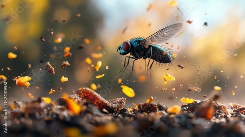 Flies with Garbage A fly hovers above scattered leaves and soil in a vibrant, autumnal setting.