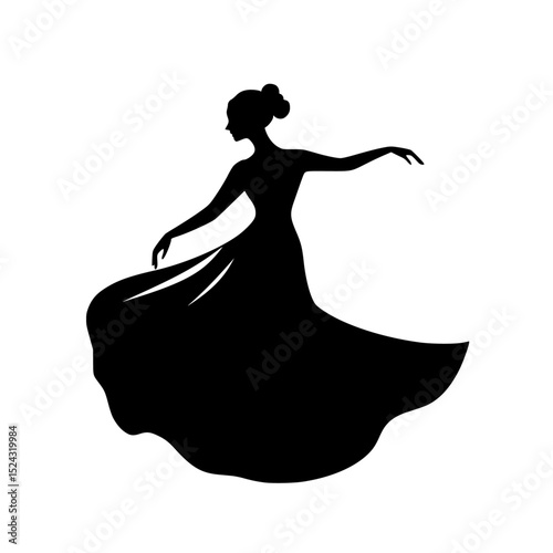 black silhouette of a young woman in a long dress dancing beautiful, black, dance, dress, girl, long, silhouette, woman, young , Generative art.