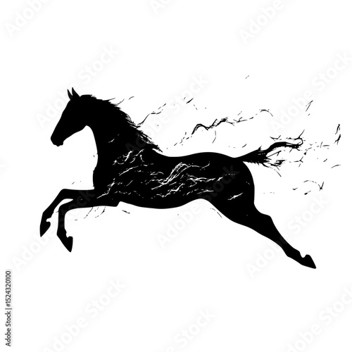 a black silhouette of a horse with splashing water black, horse, run, silhouette, water , Generative art.