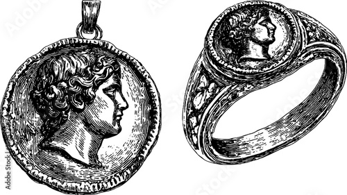 Ancient coin pendant and ring engraved illustration set for historical design projects