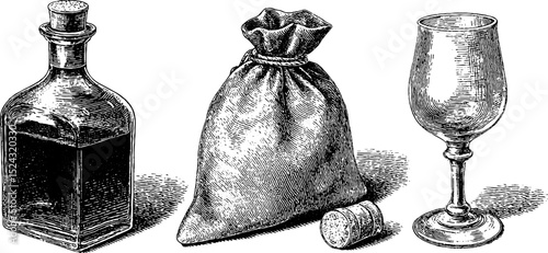 Vintage armagnac bottle and glass with sack illustration