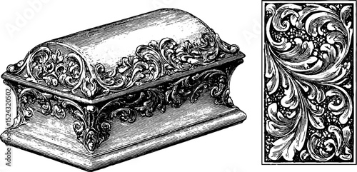 Ornate art nouveau jewelry box and decorative panel engraving
