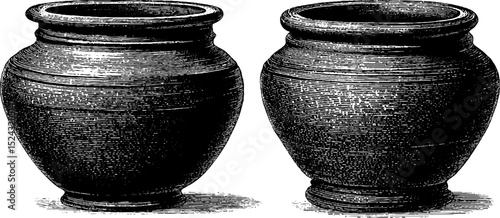 Engraved illustration of asymmetrical double amphora vase set for artistic design
