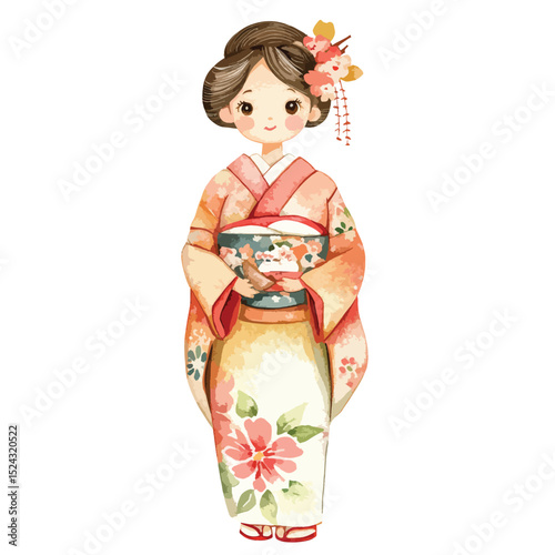 Watercolor illustration of a girl in a floral kimono with hair ornaments