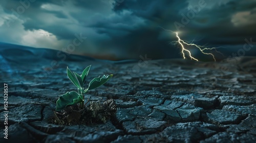 Sprouts emerge from the dry soil as a symbol of hope, resilience and growth in the face of environmental adversity. Balance of nature, renewal, and miraculous persistence and transformation.