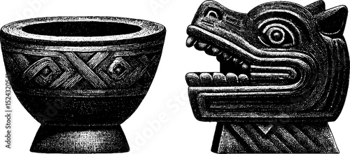 Intricate engraved aztec clay whistle illustrations for cultural and historical design