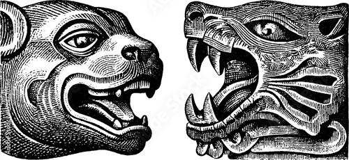 Intricate engraved illustrations of aztec offering stone for cultural and historical design