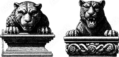 Engraved illustration set of aztec offering stone with jaguar sculptures