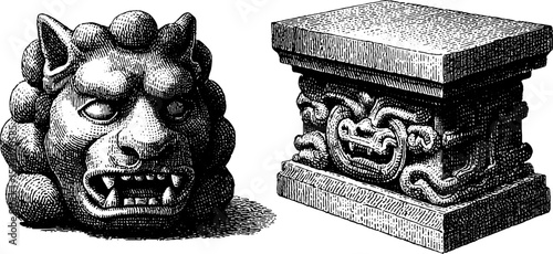 Engraved illustration set of aztec offering stones for historical and cultural design
