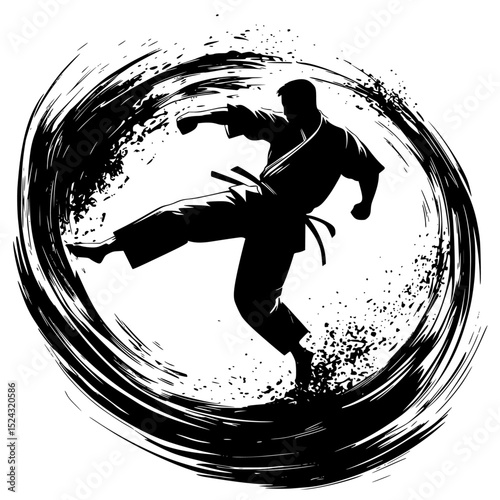 a man doing martial arts in a circle art, circle, man, martial, silhouette , Generative art.