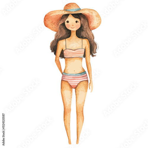 Watercolor Illustration of a Girl in a Striped Swimsuit and Widebrimmed Hat