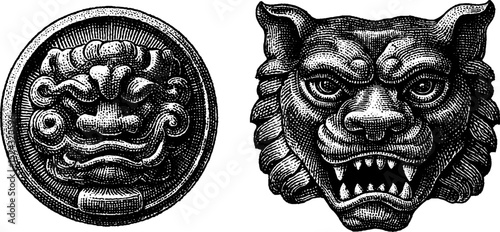 Intricate engraved illustrations of aztec offering stones featuring traditional symbols