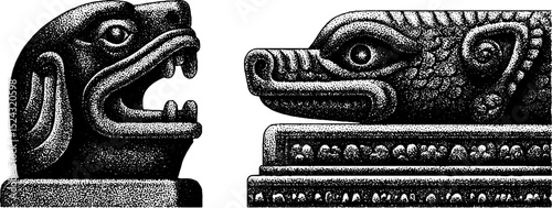 Intricate engraved illustrations of aztec offering stones for cultural design projects