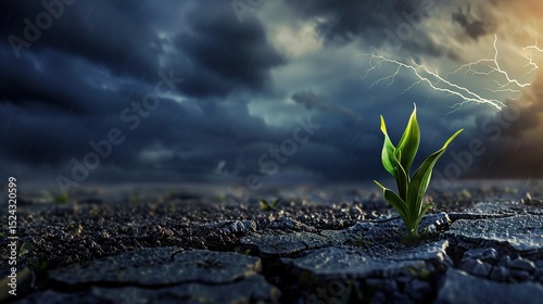 Sprouts emerge from the dry soil as a symbol of hope, resilience and growth in the face of environmental adversity. Balance of nature, renewal, and miraculous persistence and transformation.