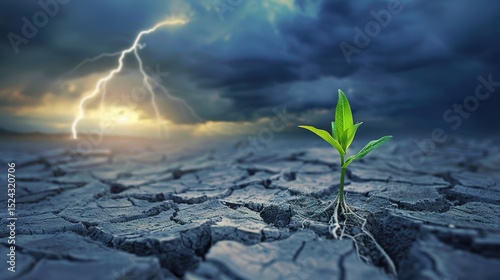 Sprouts emerge from the dry soil as a symbol of hope, resilience and growth in the face of environmental adversity. Balance of nature, renewal, and miraculous persistence and transformation.